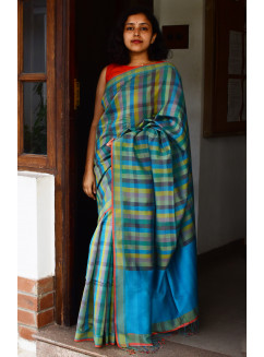 Multicolour,Handwoven Organic Cotton, Textured Weave , Jacquard, Work Wear, Checked Saree-MM/SA/17A